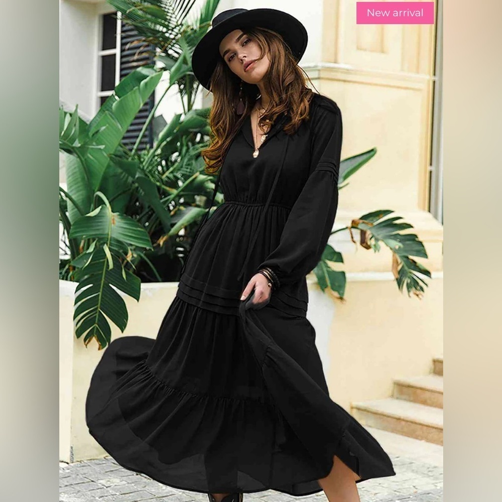 Rusttydustty NWT Lantern Sleeve Flippy Hem Boho Chiffon Black Dress M
